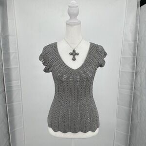 Y2K Silk Crochet Knit Top XS S Fitted Stretch Boho Artsy Whimsical Retro Glam‎
